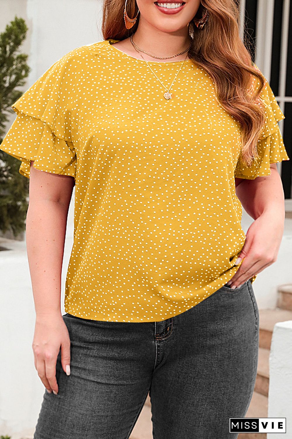 Polka Dot Tiered Sleeves Plus Size Top