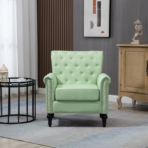 Linen Armchair with Tufted Back and Wood Legs