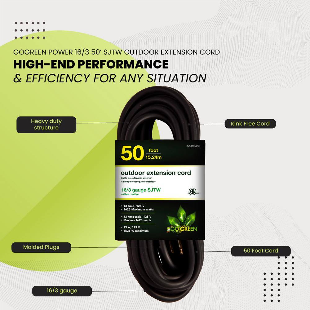 GoGreen Power 50 ft. 163 SJTW Outdoor Extension Cord - Black GG-13750BK