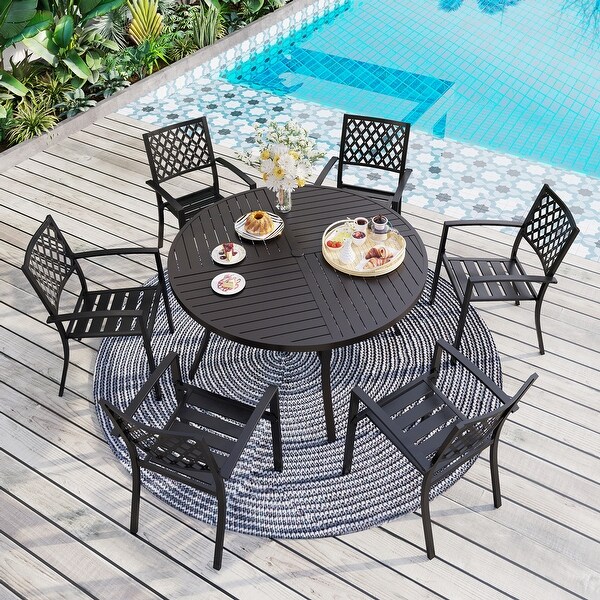 MAISON ARTS 7 Pieces Outdoor Dining Set for 6，Large Round Dining Table with Umbrella Hole and Stackable Metal Chairs