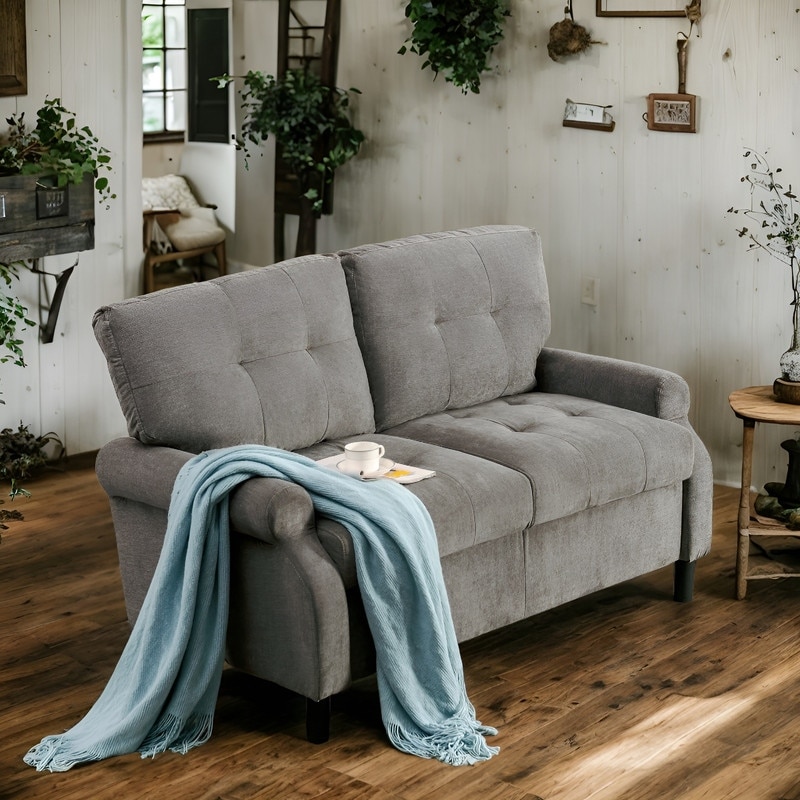 Modern Fabric 2 Seat Sofa  Upholstered Wooden Frame 2 Cushion Design Loveseat Furniture for Living Room  Grey Soft Couch