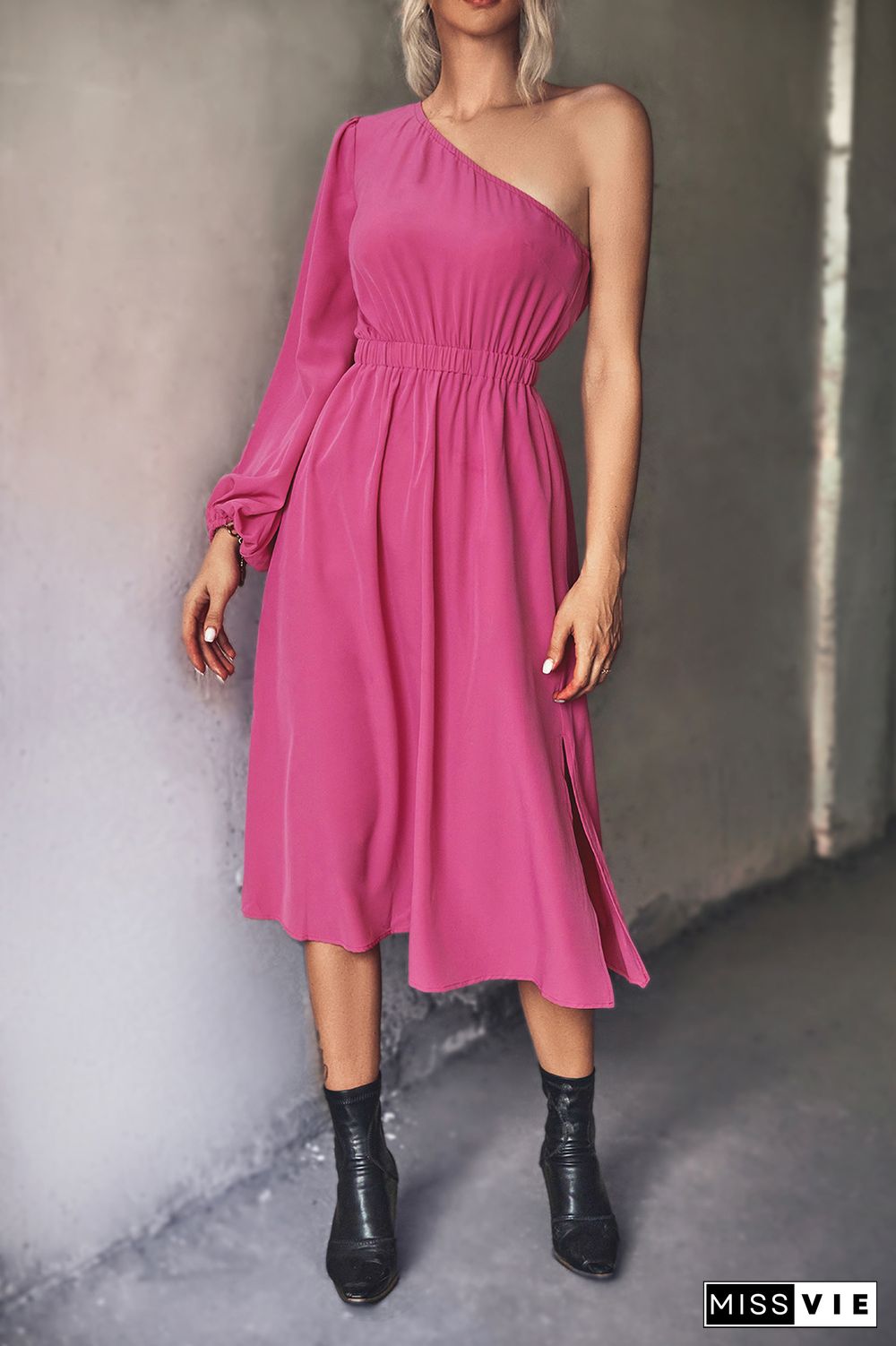 One Shoulder Elastic High Waist Midi Dress