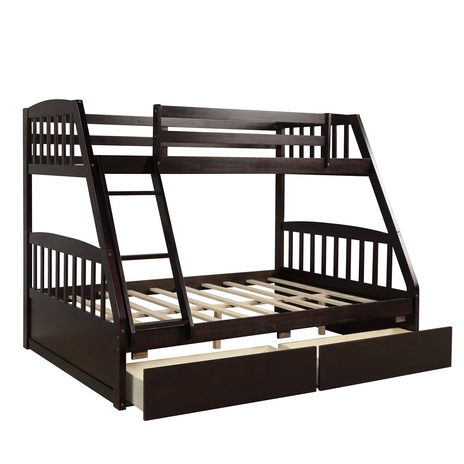 Twin Over Full Bunk Bed with Two Storage Drawers, Pine Wood Bed Frame and Ladder with Guard Rails for Toddlers, Kids, Teens, Boys and Girls, Espresso