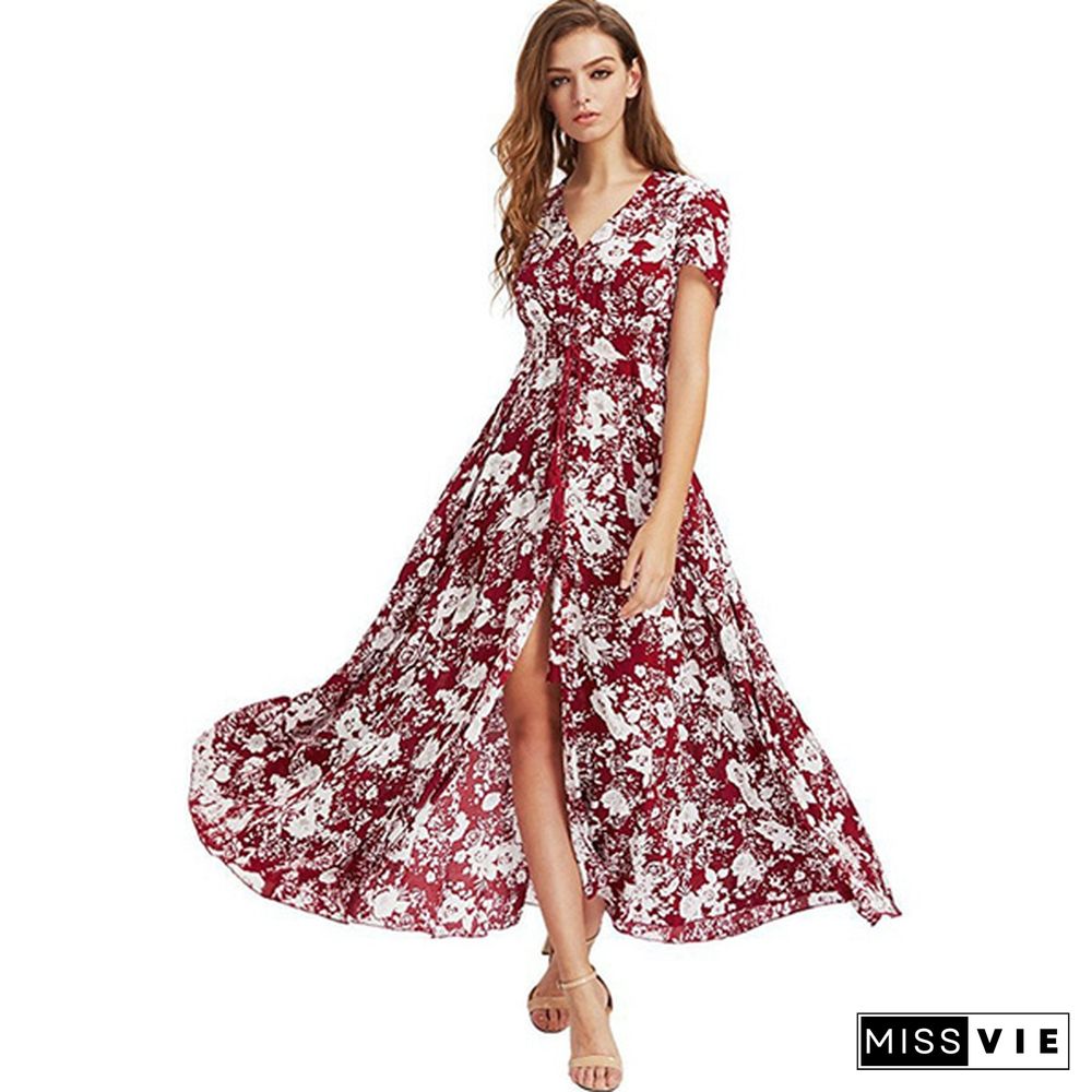 New Spring And Summer Women's Split Dress Printed Beach Dress Elegant Long Skirt Plus Size S-5Xl