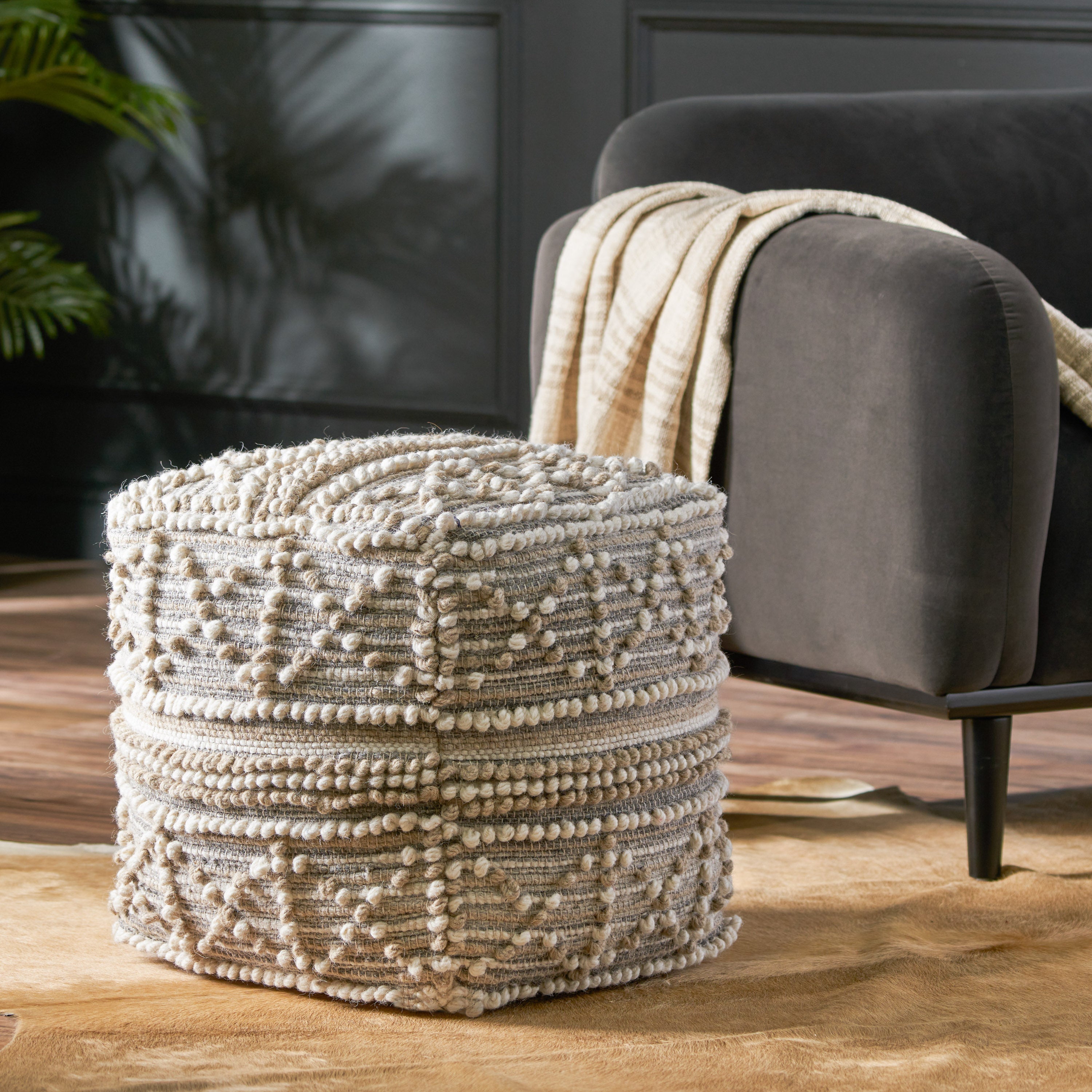 Everliegh Contemporary Wool and Cotton Pouf Ottoman