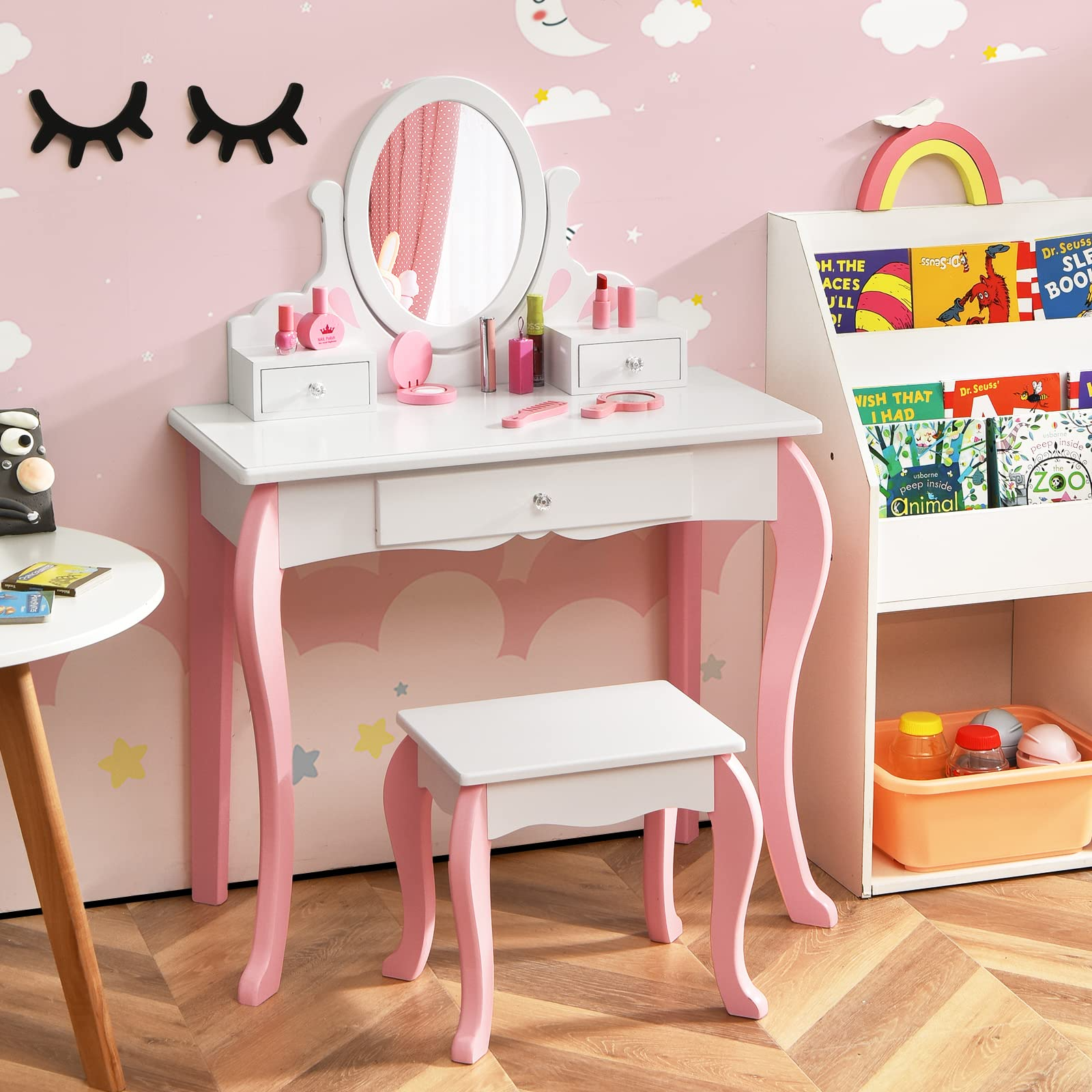 Costzon Kids Vanity Set with Mirror, 2 in 1 Princess Makeup Dressing Table w/ Detachable Top