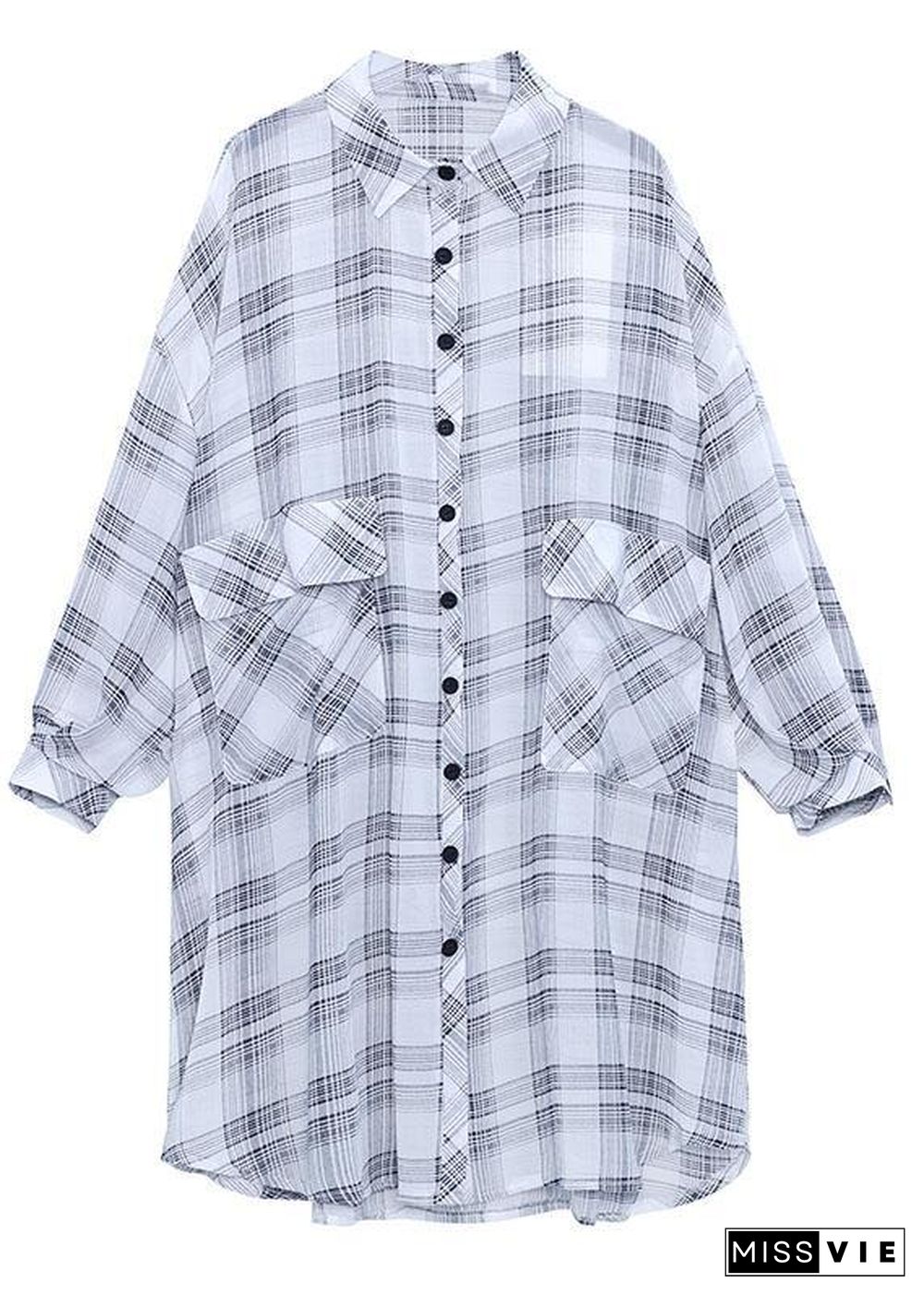 Women Black Plaid Summer Asymmetrical Long sleeve Chiffon shirt