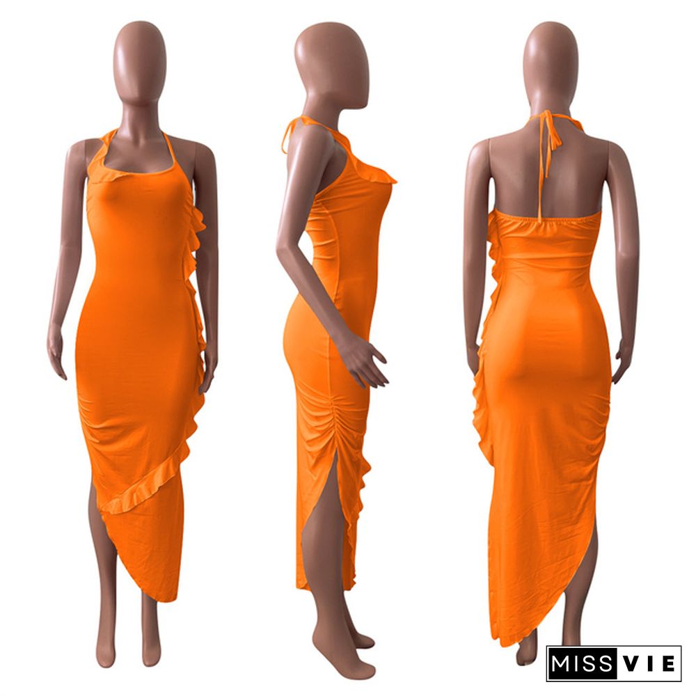 Elegant Solid Color Ruffles Women Summer Sexy Asymmetric Night Club Halter Bodycon Maxi Dress