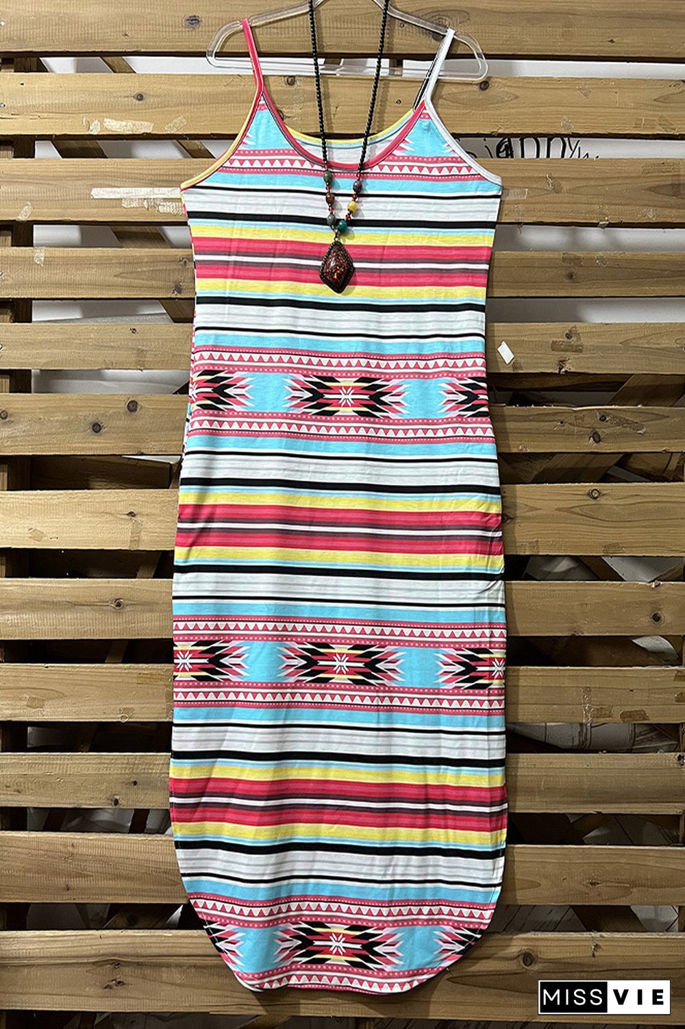 Colorful Stripes Aztec Print Spaghetti Straps Dress