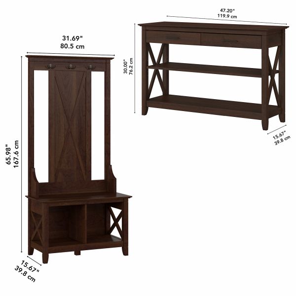 Bush Furniture Key West Entryway Storage Set with Hall Tree， Shoe Bench and Console Table in Bing Cherry