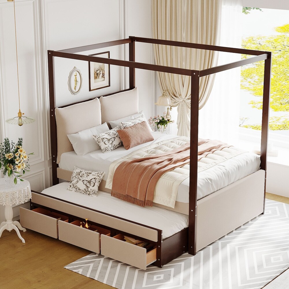 Full Size Canopy Bed Storage Bed with Trundle  Velvet Upholstered Elegance Four Poster Bed Trundle Bed with 3 Drawers