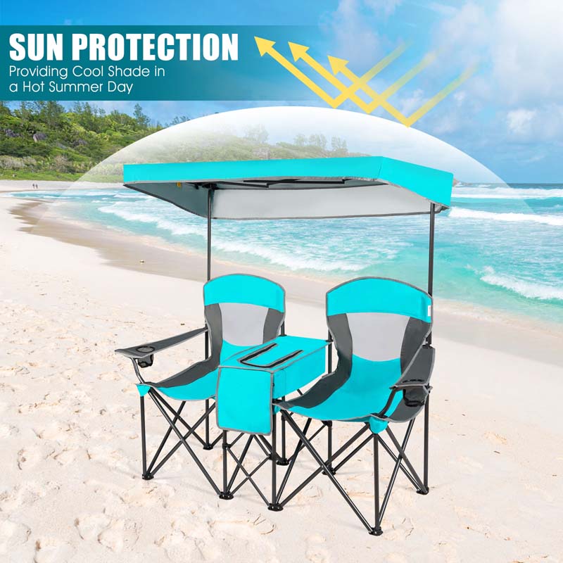 Double Sunshade Camping Canopy Chair with Mini Table, Cup Holder, Portable Folding Beach Chair with Canopy