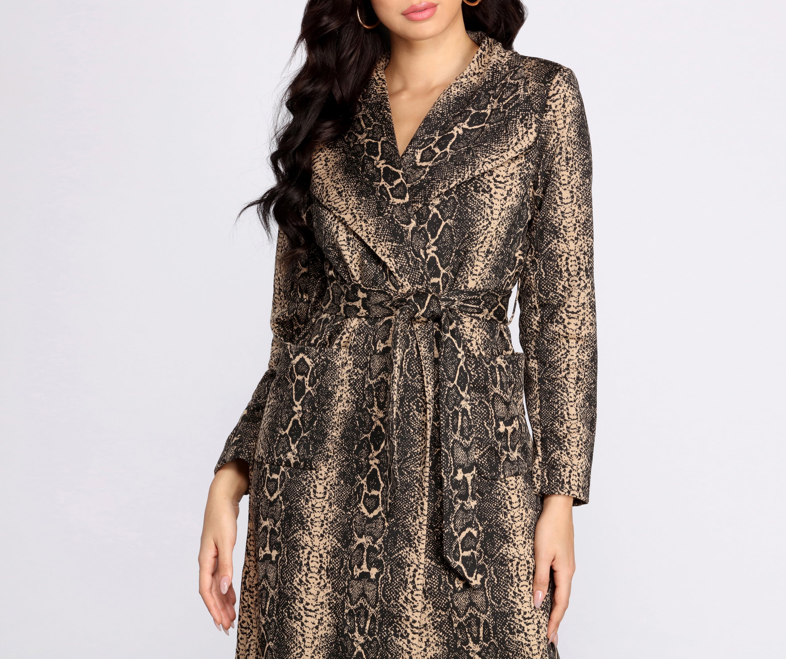 Snake Print Drape Front Long Coat