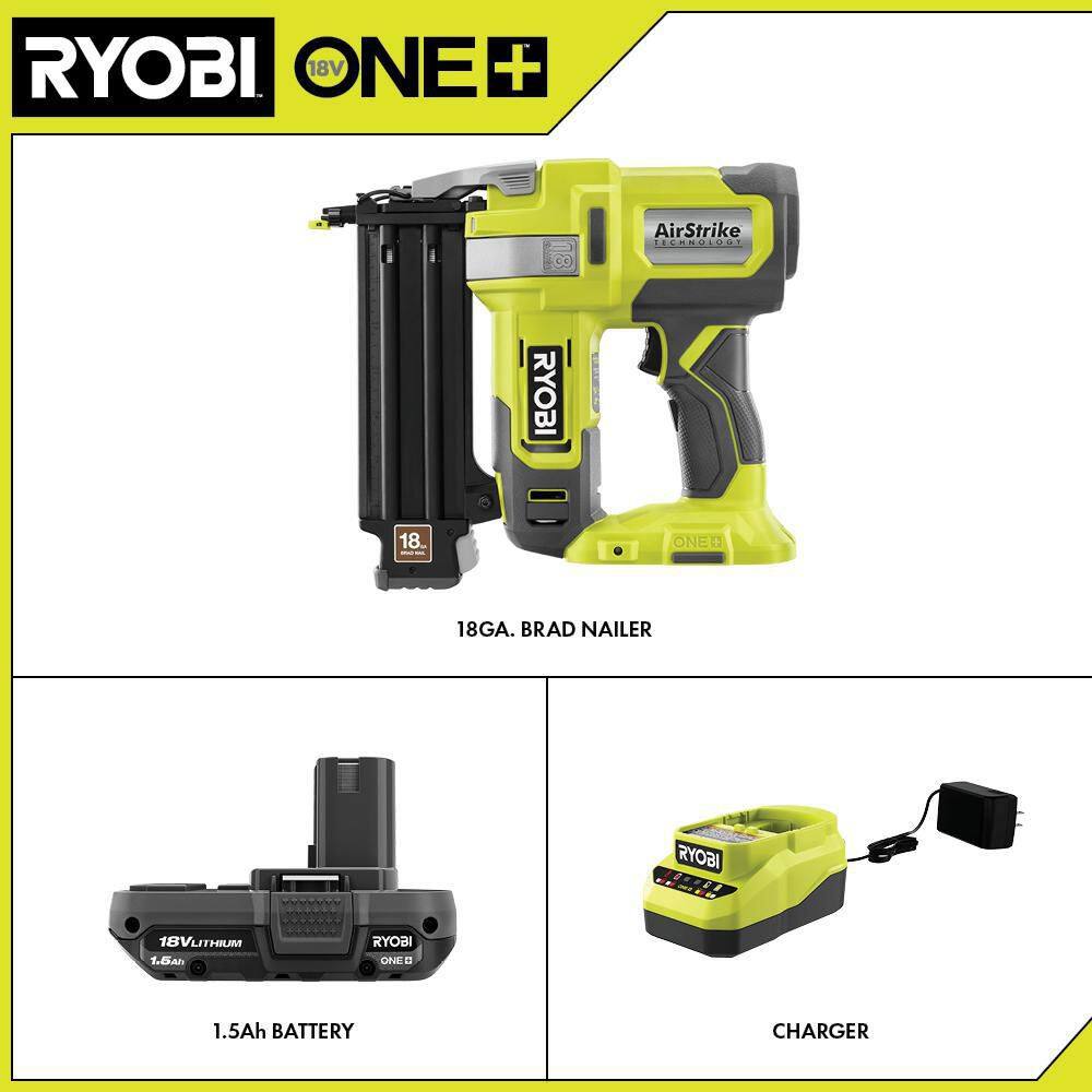 RYOBI ONE+ 18V 18-Gauge Cordless AirStrike Brad Nailer with 1.5 Ah Battery and Charger P321KN