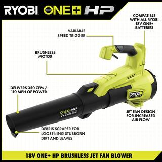 RYOBI ONE+ HP 18V Brushless 110 MPH 350 CFM Cordless Variable-Speed Jet Fan Leaf Blower w 4.0 Ah Battery and Charger P21120