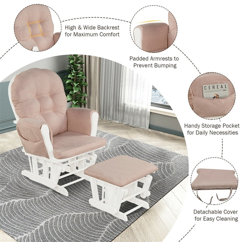 Wood Baby Glider Rocking Chair Nursery Chair with Gliding Ottoman & Storage Pocket