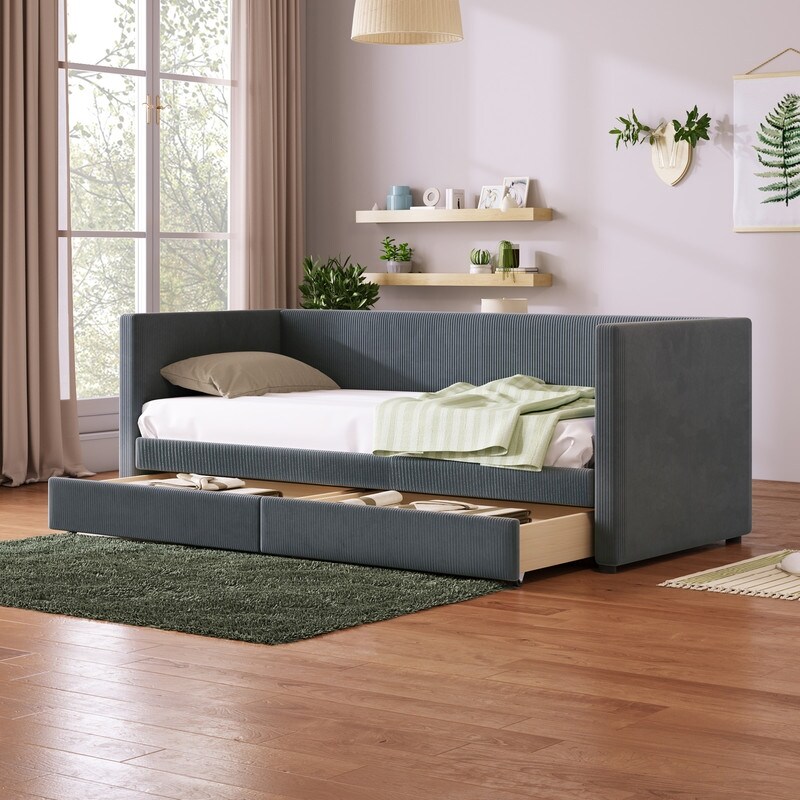 Twin Size Corduroy Upholstered Daybed with 2 Storage Drawers