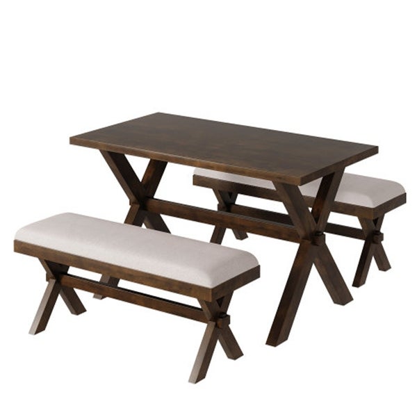 3 Pieces Rustic Wood Kitchen Dining Table Set w/ 2 Upholstered Benches