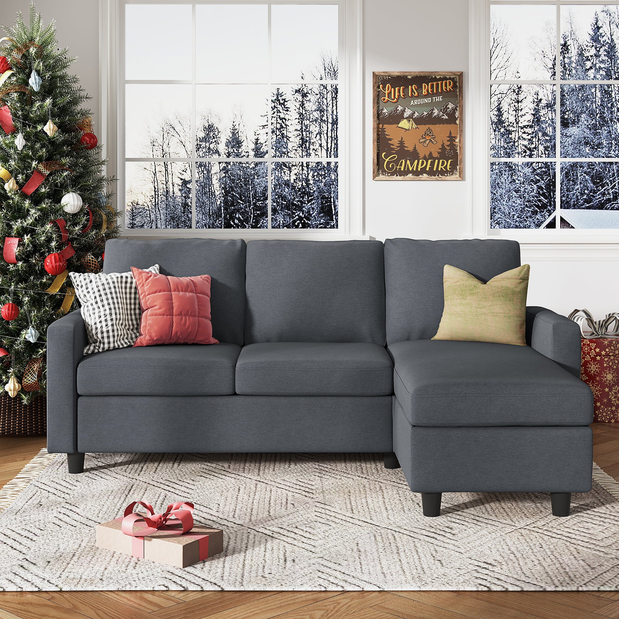 HONBAY Reversible Sectional Apartment Sofa L-Shaped Couch for Living Room, Bluish Gray