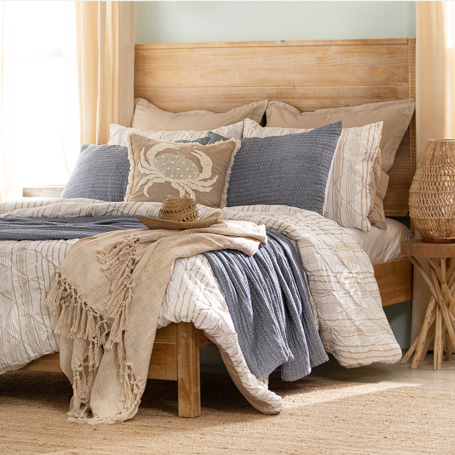 Bedding Bundle: Ravello Pintuck Stripe Comforter + Solid Kantha Pick Stitch Quilt/Coverlet