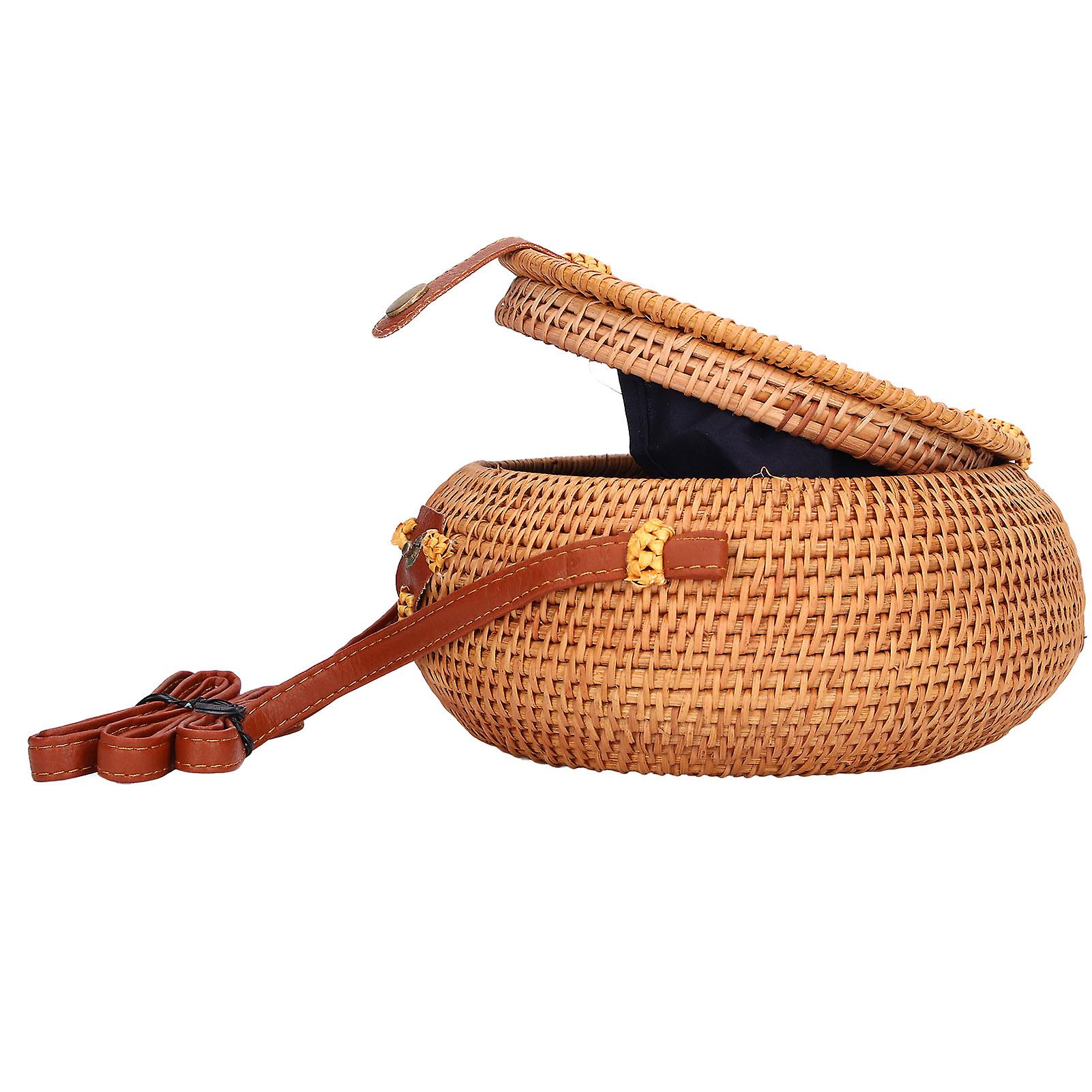 Rattan Hand Made Bag Round Stylish Women Handwoven Shoulder Bag For Beach Daily Partiesoval Natural Color