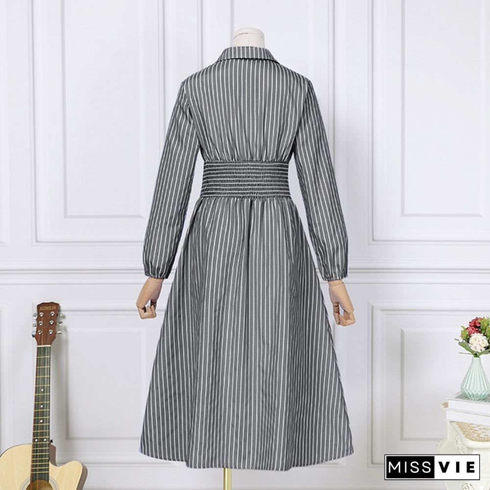 Stylish Women Summer Long Sleeve Strped Shirt Dress Plus Size A Line Casual Dresses