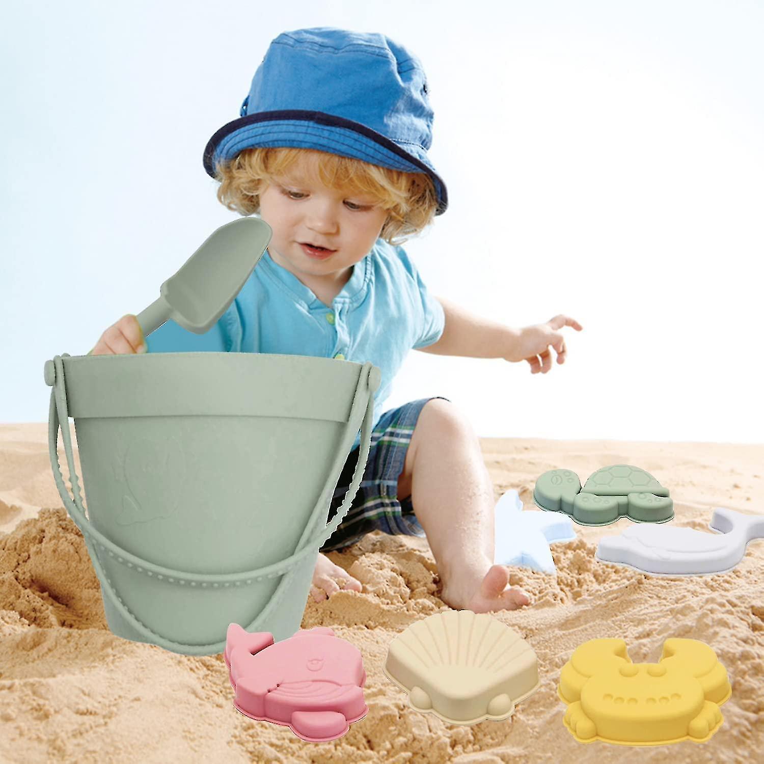 8 Pcs Beach Toys Kit， Silicone Sand Toy With Sand Bucket Shovel Sand Molds， Beach Games For Indoor O