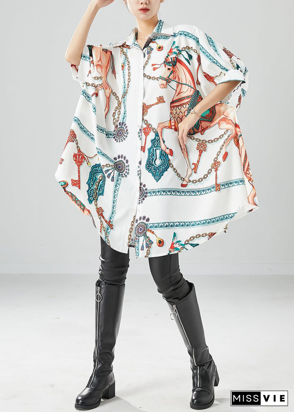 Fine White Oversized Print Silk Maxi Dresses Batwing Sleeve