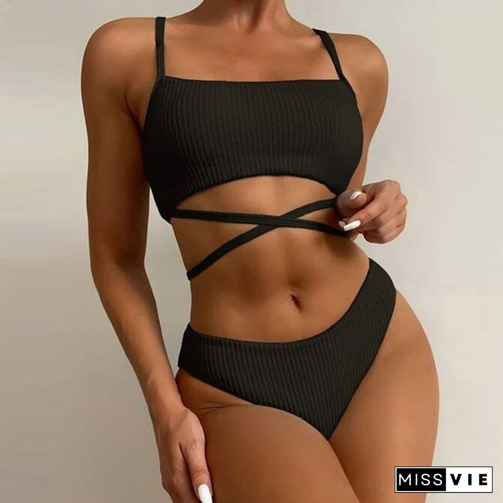 Sexy Bandage Cross Tie-up High Waist Swimwear Women Solid Rib Spaghetti Straps Bikini Set Fashion Backless Push Up Beachwear Set