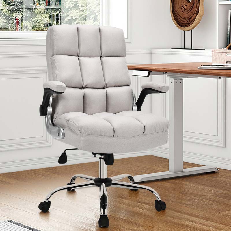 Linen Fabric Thick Padding Big & Tall Executive Office Chair with Flip-up Armrest, Swivel High Back Computer Desk Chair