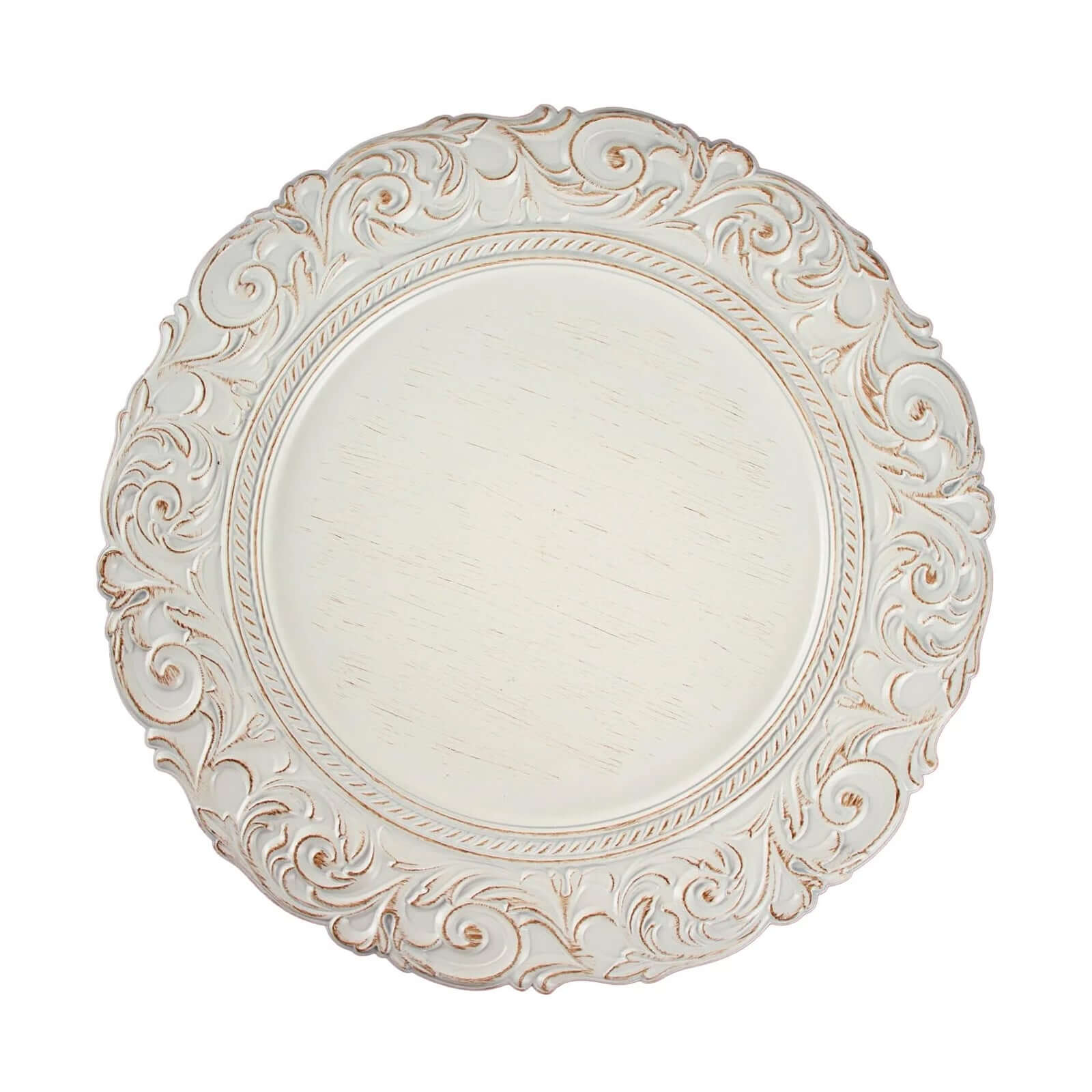 6 Pack Antique White Gold Vintage Acrylic Serving Plates With Engraved Baroque Rim, Round Disposable Charger Plates 14