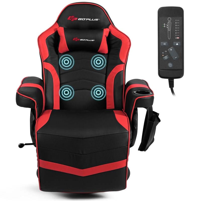 PU Leather Massage Gaming Chair, Ergonomic High Back Racing Style Gaming Recliner with Adjustable Backrest & Footrest, Cup Holder, Side Pouch