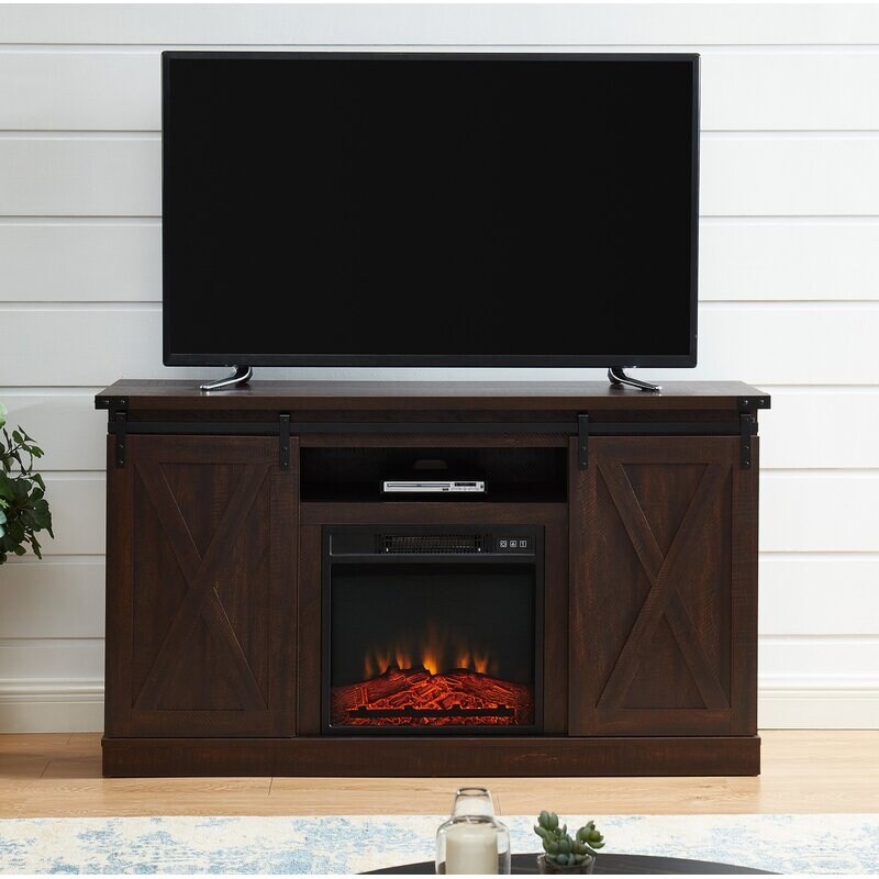 Fireplace TV Stand   Sliding Barn Door Farmhose Entertainment Center with 18'' Electric Fireplace Storage Cabinet