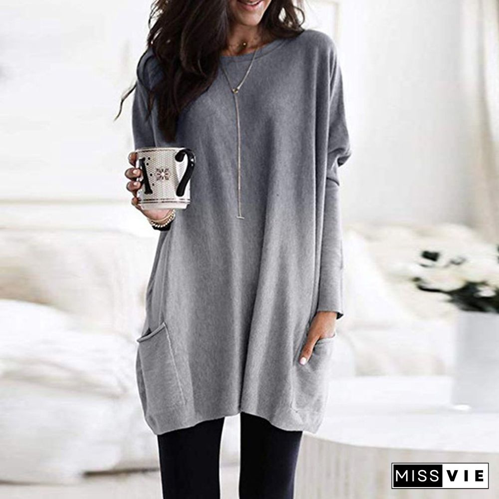 Women's Casual Long Sleeves Round Neck Pocketed T-shirts Loose Gradient Sweatshirt TunicTops Plus Size XS-5XL