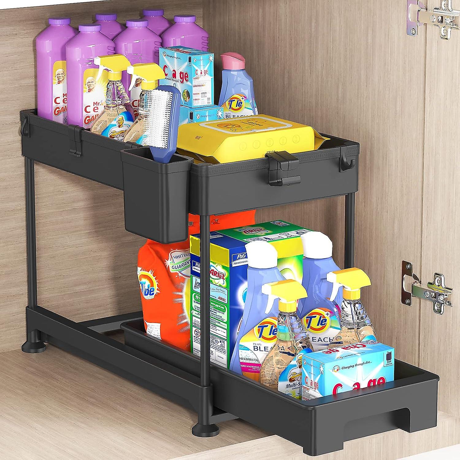 Under Sink Organizers， Sliding Cabinet Basket Organizer 2 Tier Under Bathroom Storage Rack With Hooks， Hanging Cup， Divirs， Multi-purpose Storage Shel