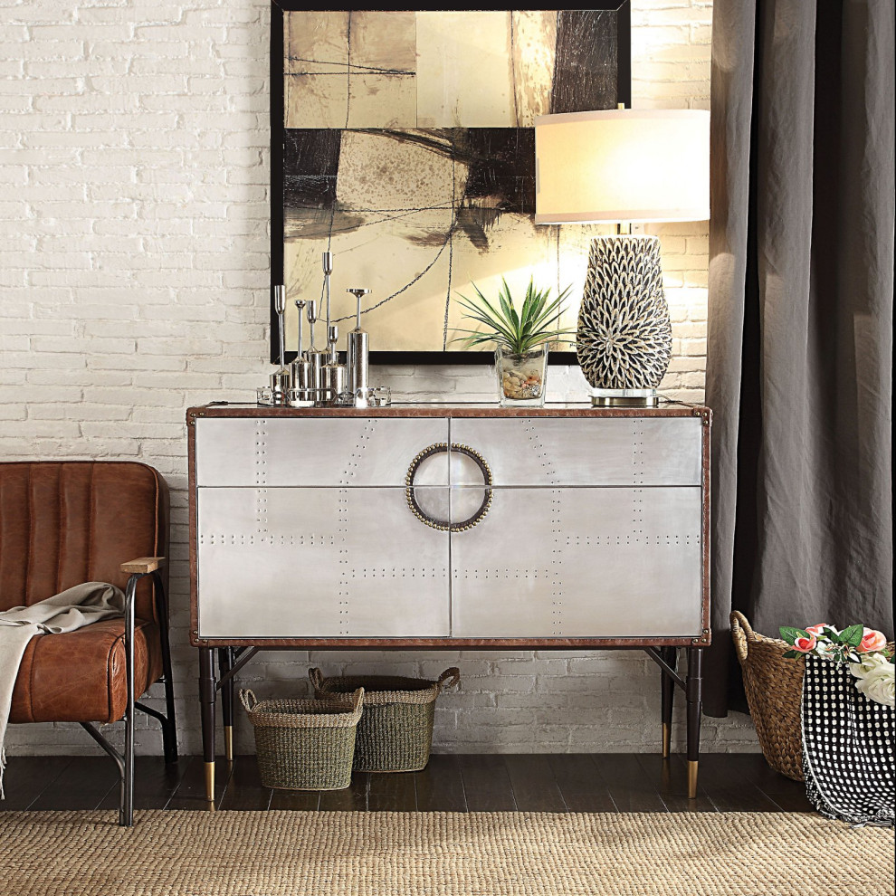 Industrial Console Table  Faux Leather Details  ampAluminum Accented Drawers/Doors   Industrial   Console Tables   by Decor Love  Houzz