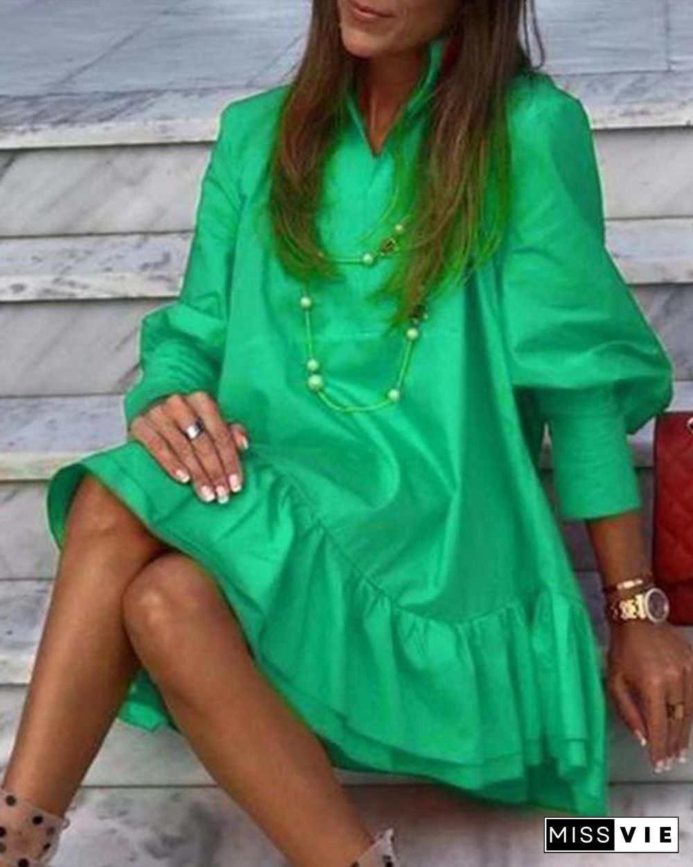 Solid Color Long Sleeve Mini Ruffled Dress