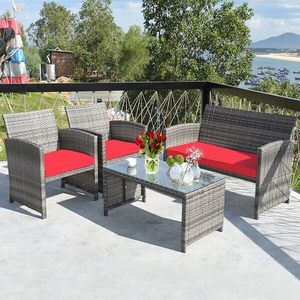 Costway 4PCS Patio Rattan Furniture Set Conversation Glass Table Top