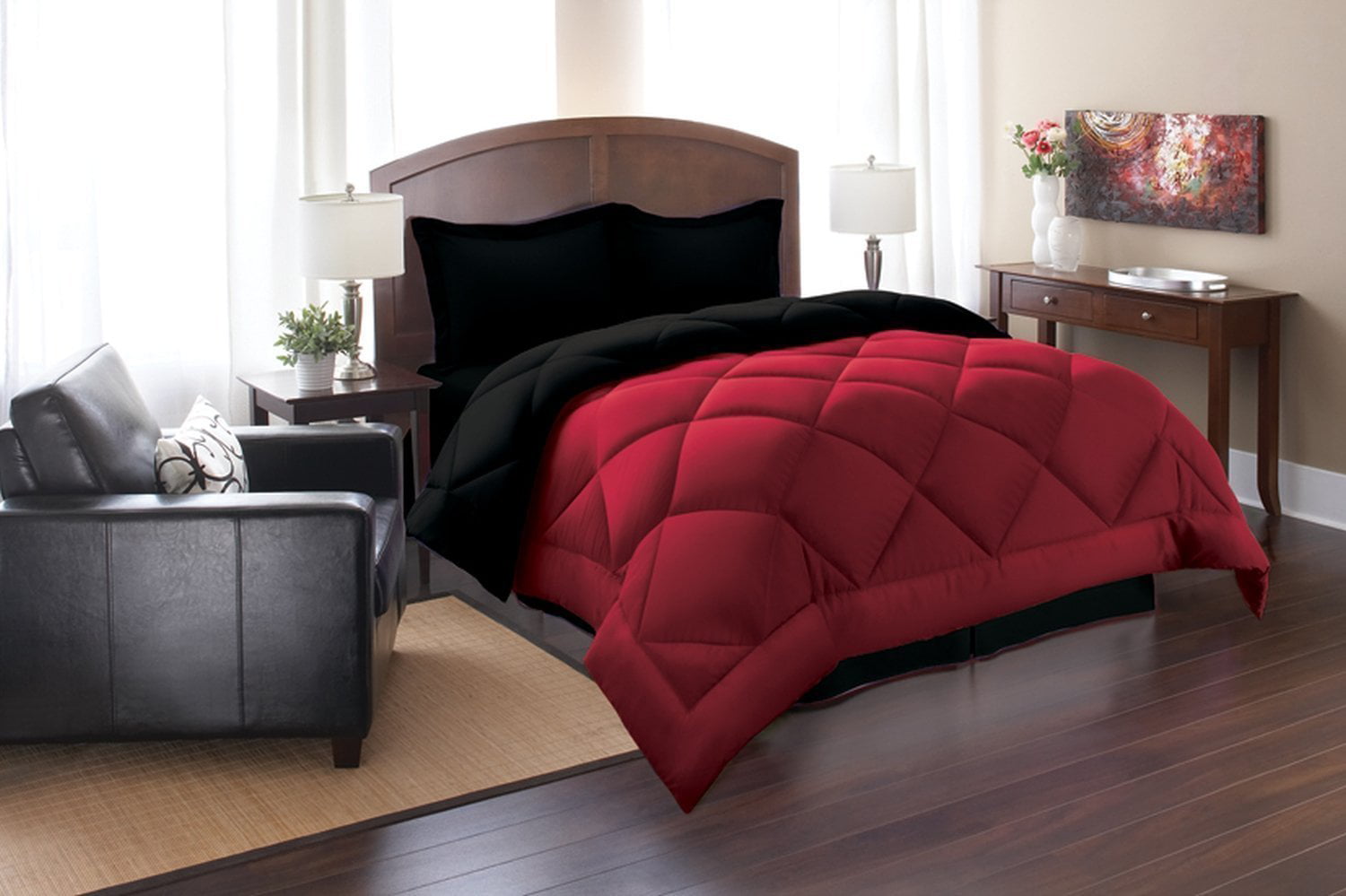 Down Alternative 3pc Comforter Set-Full/Queen， Black/Burgundy