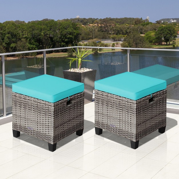 Costway 2pcs Patio Rattan Cushioned Ottoman Seat Foot Rest Table