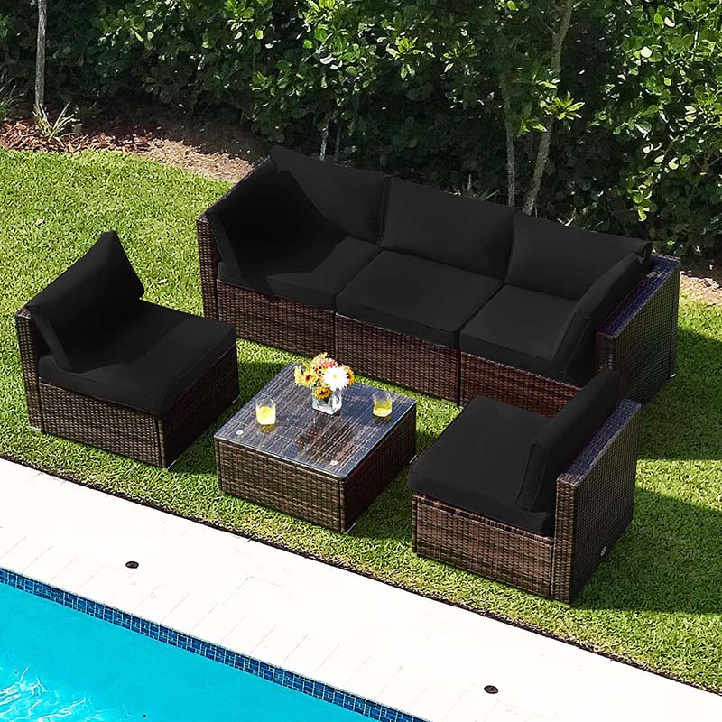 6 Pcs Rattan Patio Sectional Sofa Set Outdoor Conversation Furniture Set with Cushions & Glass Coffee Table