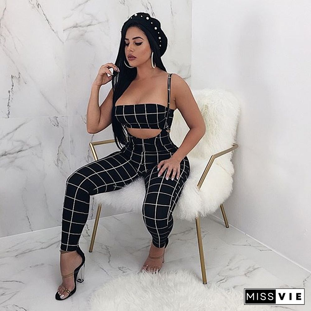 Plaid Strapless Crop Top+Skinny Jumpsuit Matching Sets