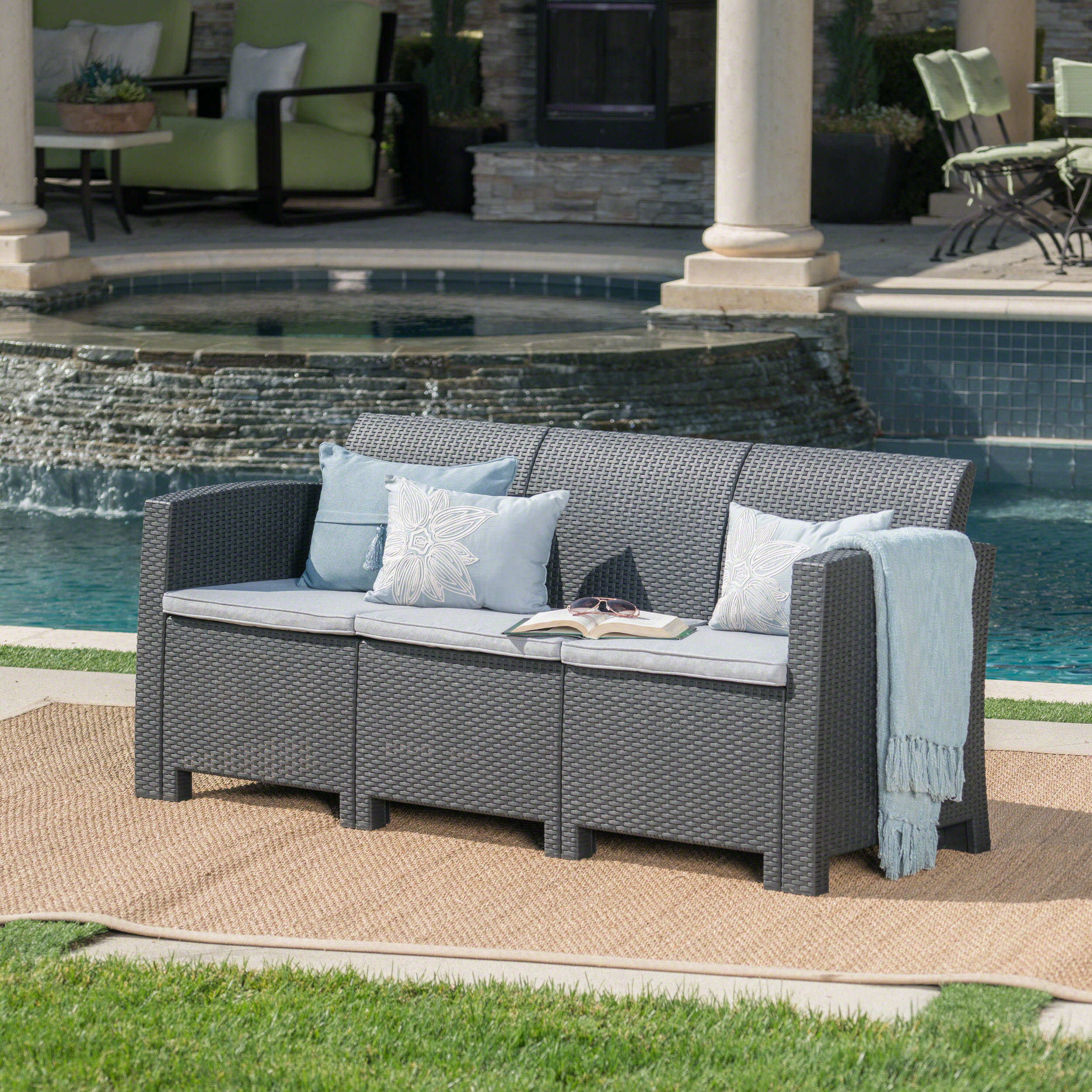 St. Pete Outdoor 3 Seat Faux Wicker Rattan Style Sofa