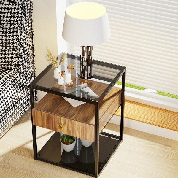 Modern Single-Drawer Glass End Table Bedside Nightstand Storage Table - 17