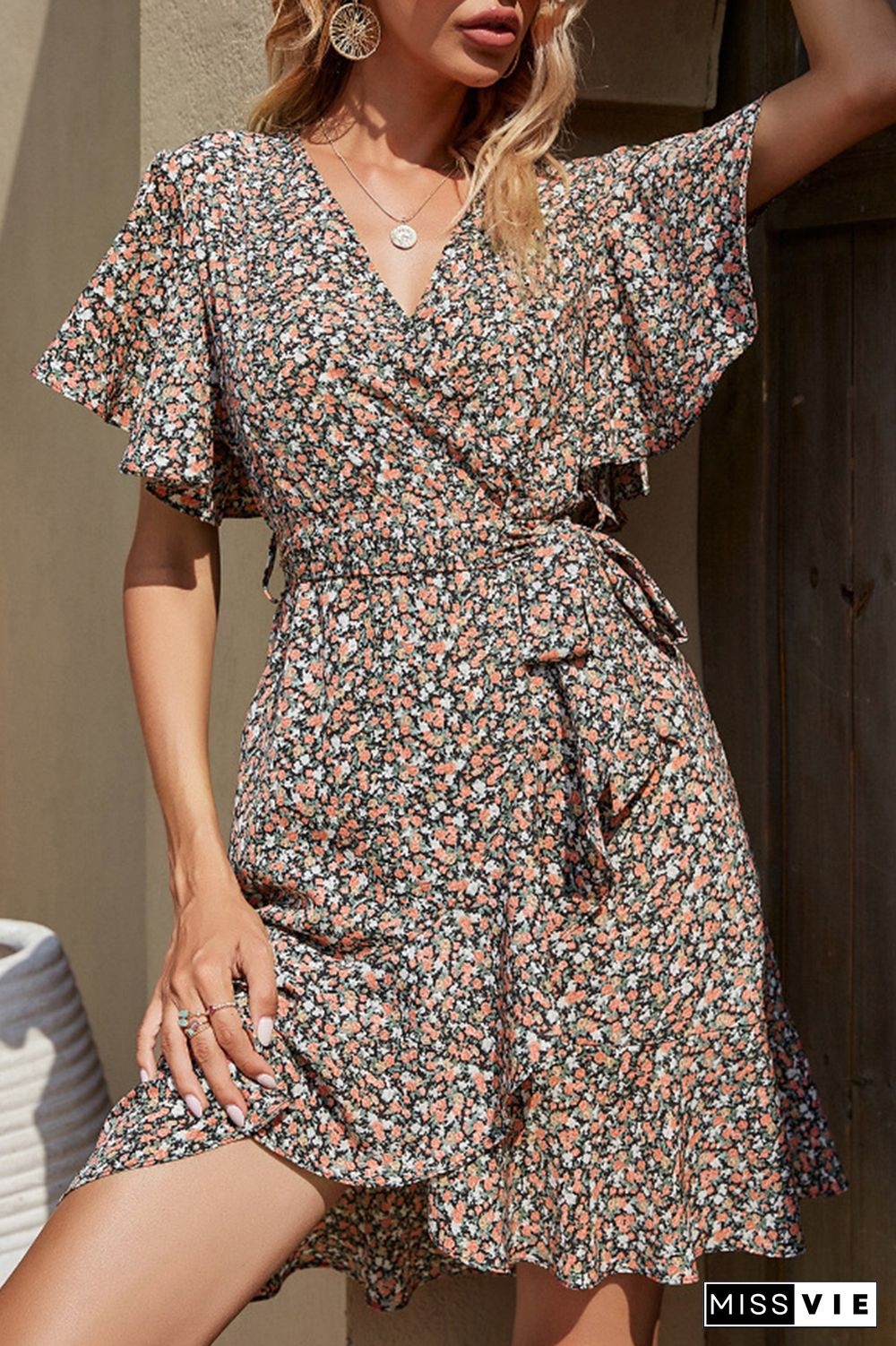 Fashion Elegant Floral Split Joint With Belt V Neck A Line Dresses