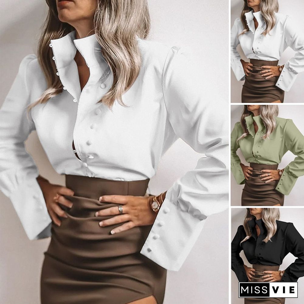 Spring Autumn Women Long Sleeve Blouse Lapel Collar OL Elegant Casual Office Shirt Plus Size Tops