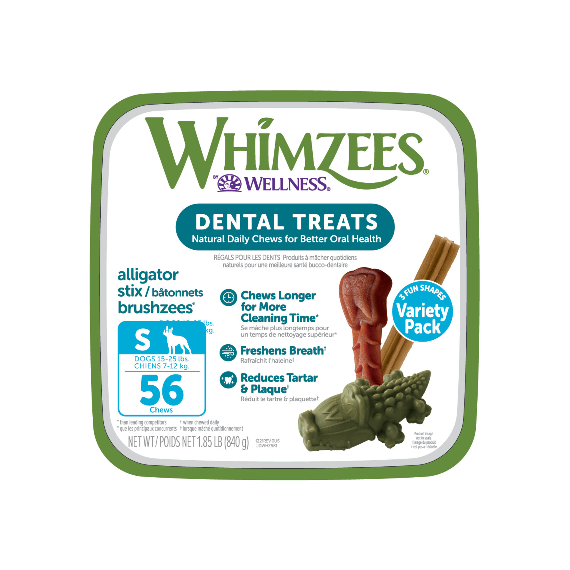 Whimzees Natural Grain Free Daily Long Lasting Small Dental Dog Treats Variety Pack， 29.6 oz.， Count of 56