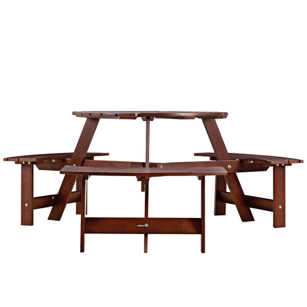 6 Person Outdoor Picnic Table with Bench，Round Pinic Table w/ 3 Bulitin Benches and Umbrella Hole，Outside Table and Bench Set