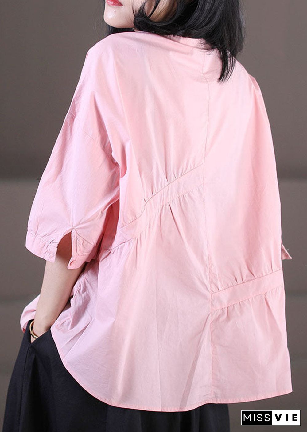 Women Pink O-Neck Asymmetrical Wrinkled Cotton Shirts Half Sleeve