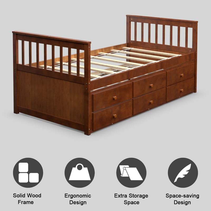 Twin Captain's Bed with Trundle Bed, Storage Daybed with 3 Drawers, Wooden Platform Bed for Kids Guests Sleepovers